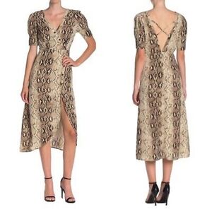 NWT Honey Punch Snake Print tulip split dress, fully lined Sz M Brown and Cream